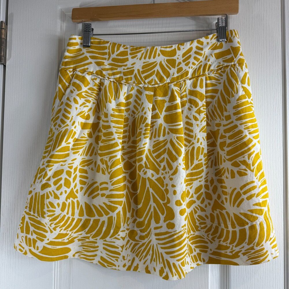 LOFT Women's Linen Blend Mini Skirt Pockets Yellow White Leaf Print Size 4